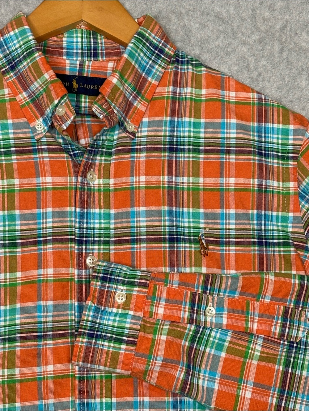 Ralph Lauren Long Sleeve Plaid Oxford Shirt-Orange Multi-Color-Men Size Large